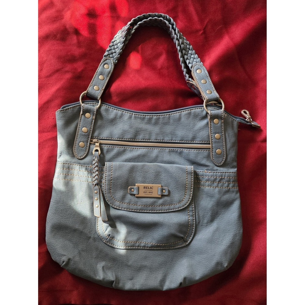 Relic by Fossil Slate Blue Faux Leather Shoulder Bag Buckle Accents Medium